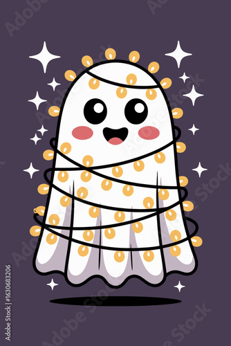 A cute ghost character is happily adorned with bright, yellow string lights, creating a festive appearance