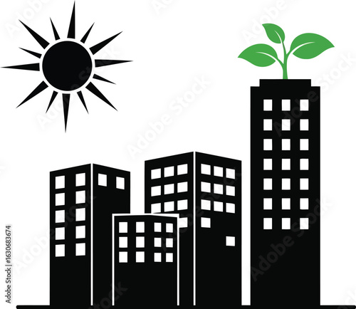 Vector art of cityscape with modern buildings, one featuring a green plant on top, under a bright sun, symbolizing growth and ecofriendly development, isolated on white background
