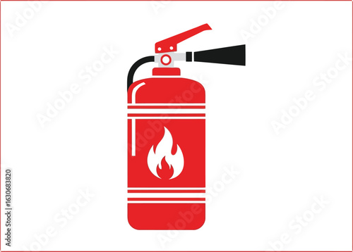 Vector art of a red fire extinguisher with a white flame symbol and white stripes, set against a white background with a red border, isolated on white background