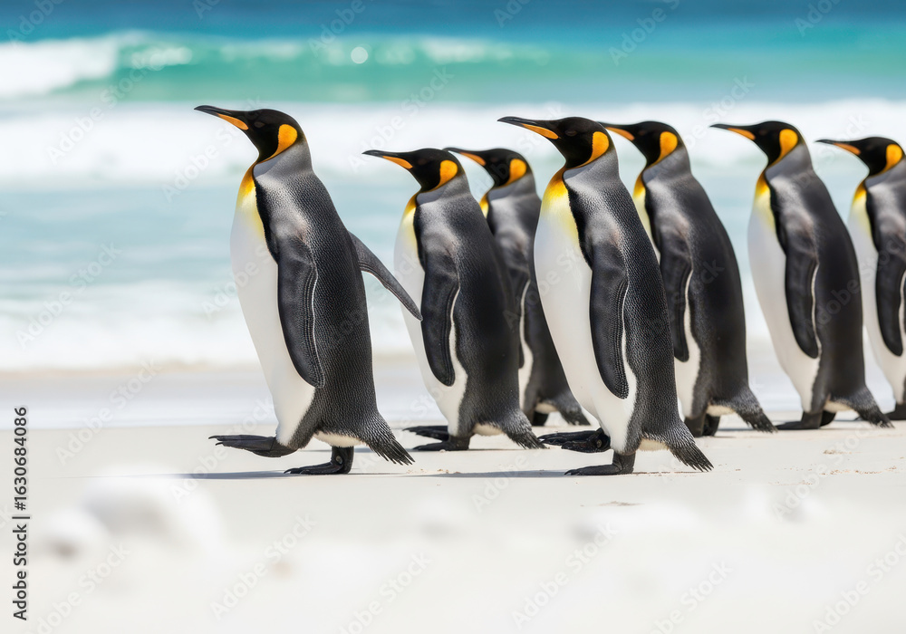 Fototapeta premium A line of king penguins walks along a sandy beach with the ocean in the background, showcasing their distinctive markings and natural habitat