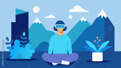 Calm Nature Scene A patient wearing a VR headset seated comfortably in a cozy room adorned with plants while a serene landscape of mountains and a lake appears in their virtual
