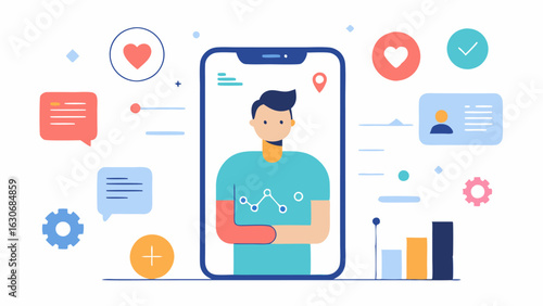 AI Health Assistant A smartphone app interface showcasing personalized health insights and recommendations illustrated with graphs notifications and icons of wellness activities.
