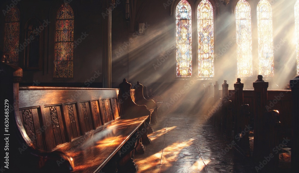 Obraz premium Sunlight streams through stained glass windows in a church (1)