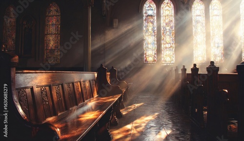 Sunlight streams through stained glass windows in a church (1)