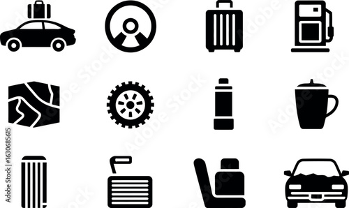 Road Trip Essentials: Black Glyph Icons, Travel, Journey,  Vehicle,  Transportation.