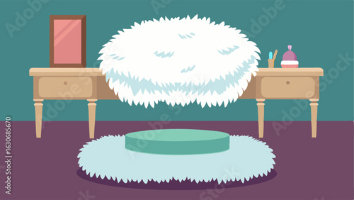 A plush white fur rug in front of a vanity table