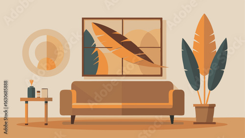 A minimalist living room with a large statement art piece made of natural materials such as wood or feathers.