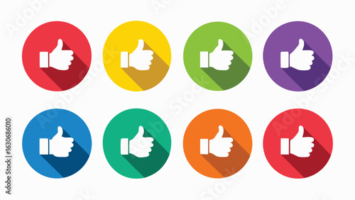 Recommended Thumbs Up, Like Icon Set, Colorful Round Vector Badges for Product Approval, Ratings, Reviews, and Quality Assurance Tags