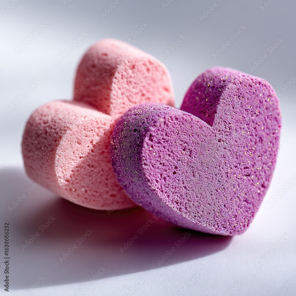 Obraz premium Two heart-shaped, textured objects in soft pinks and purples