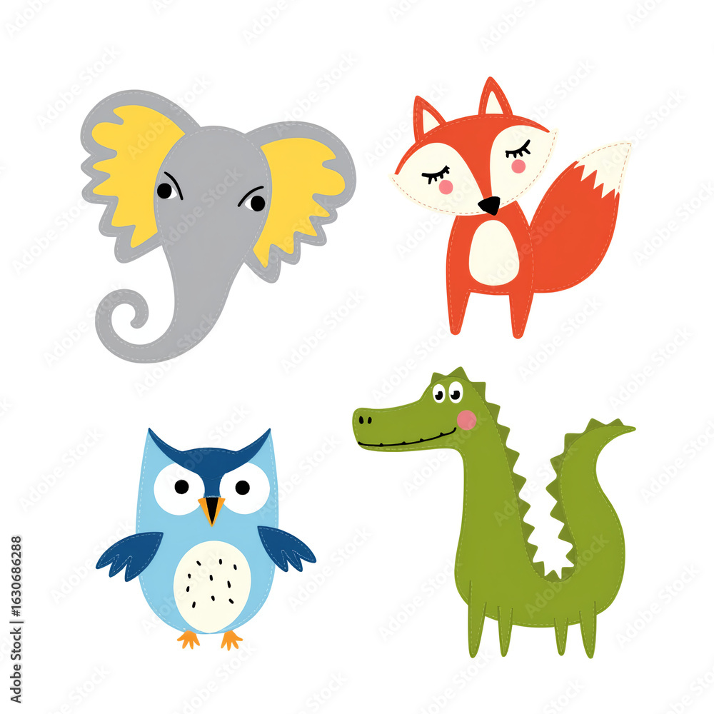 Naklejka premium Cartoon animal characters including elephant, fox, owl, and crocodile