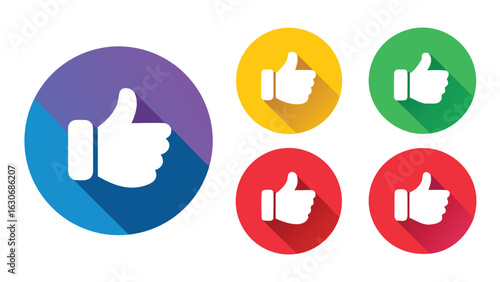 Recommended Thumbs Up, Like Icon Set, Colorful Round Vector Badges for Product Approval, Ratings, Reviews, and Quality Assurance Tags