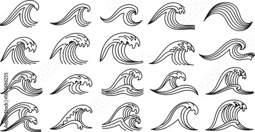 Collection of stylized black and white wave illustrations