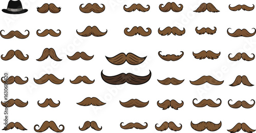 Collection of various mustache styles and a fedora hat