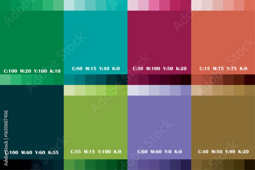CMYK color palette chart featuring 8 labeled swatches with CMYK values and common color names like Emerald Green, Teal, Magenta, Coral, Navy, Lime, Lavender, and Bronze.