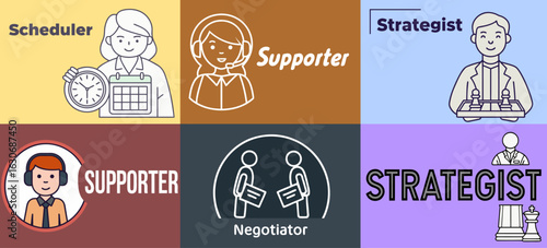 Conceptual illustration highlighting professional roles such as scheduler, supporter, negotiator, and strategist representing teamwork and planning, vector