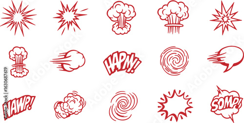 Collection of red comic book style explosion and sound effect graphics