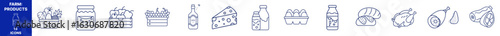 Line art icons of farm products illustrated with blue marker  