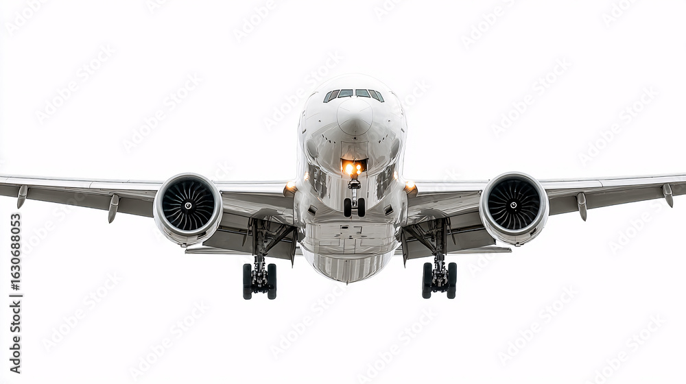 Fototapeta premium Low-angle airplane with landing gear deployed