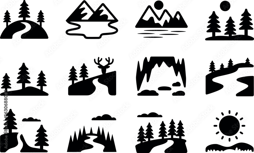 Obraz premium Black and white minimalist nature icons: mountains, forests, rivers.