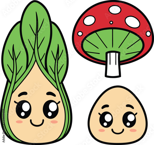 Kawaii style illustration of a bok choy vegetable a mushroom and a potato vector