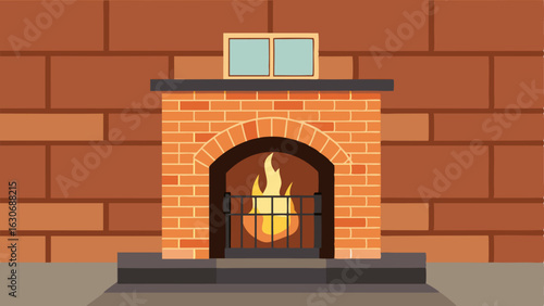 An exposed brick fireplace with a modern metal fire screen.