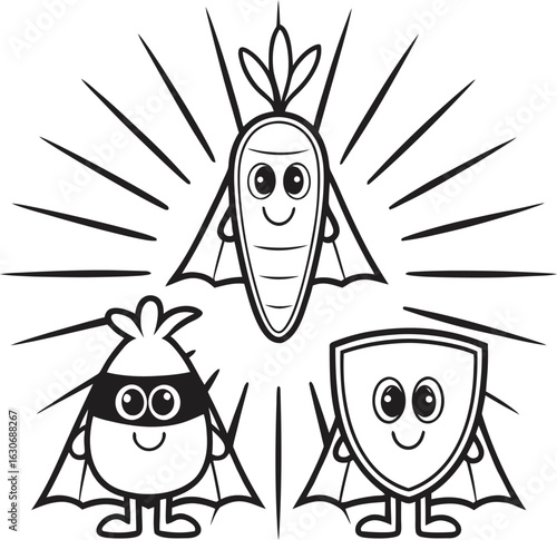 Three cute cartoon vegetables with bat wings and superhero masks food