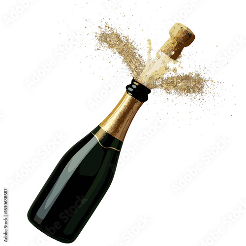 Champagne bottle exploding with cork and splashing bubbles  