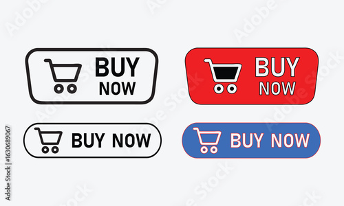 Collection of stylish buy now buttons with shopping cart icons for online stores and e-commerce platforms promoting instant purchases