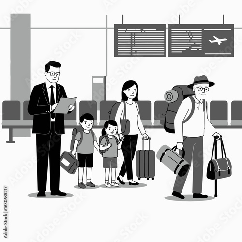 A diverse group of travelers, including a family and an older gentleman, navigate an airport terminal with luggage, preparing for their journeys and departures.