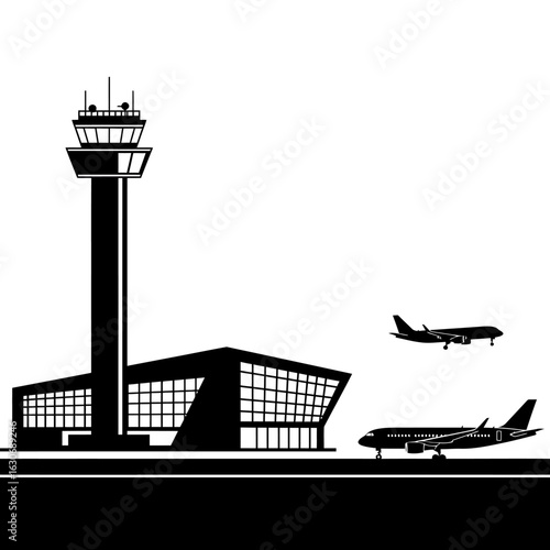 A stylized black and white illustration depicts an airport scene with a control tower, terminal building, and airplanes taking off and landing, ideal for travel and aviation concepts.
