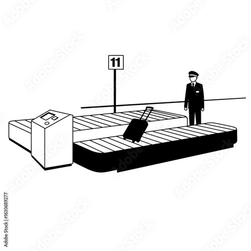 Security officer watches luggage on a conveyor belt at an airport baggage claim area, illustrating travel and security procedures.