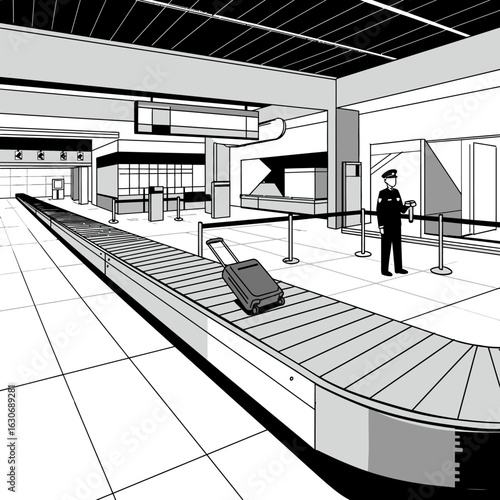 A lone suitcase travels on a conveyor belt at an airport security checkpoint with a uniformed officer overseeing the process.