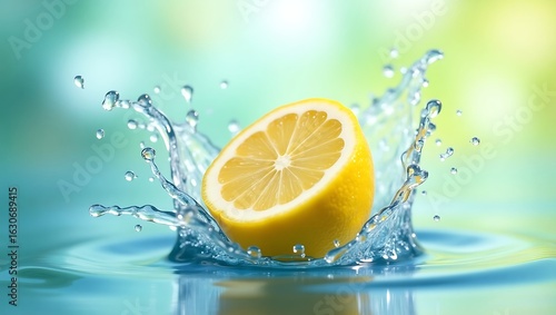 Half lemon splashing into the clear water