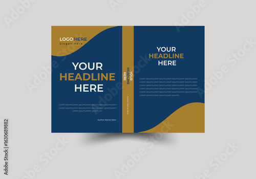 A professional book cover template featuring a split design with bold typography and flowing abstract shapes in navy blue and gold.