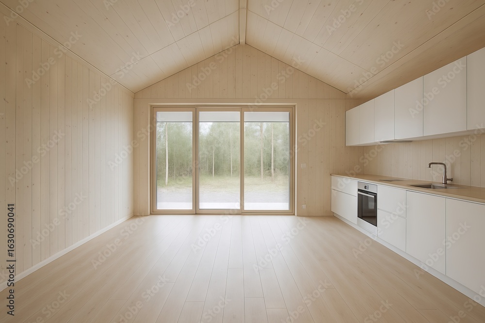 Fototapeta premium modular home interior. Scandinavian style living room with minimalist decor and light wood interiors highlighting simplicity and elegance. concept of modern home design, minimalist aesthetics
