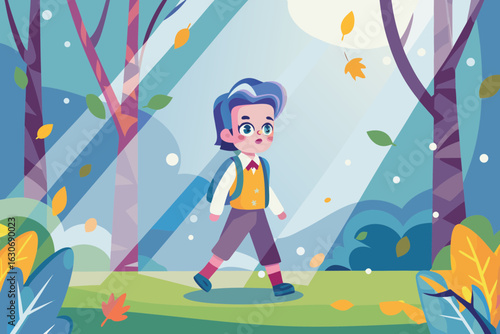 Autumn forest with schoolboy walking and golden sunlight
