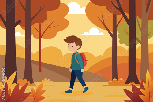 Autumn forest with schoolboy walking and golden sunlight
