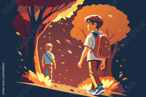 Autumn forest with schoolboy walking and golden sunlight