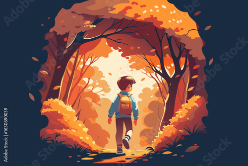 Autumn forest with schoolboy walking and golden sunlight