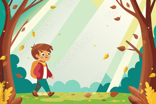 Autumn forest with schoolboy walking and golden sunlight