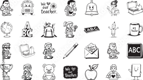 School Icons: A set of cute school-themed line art icons, perfect for educational projects and designs.