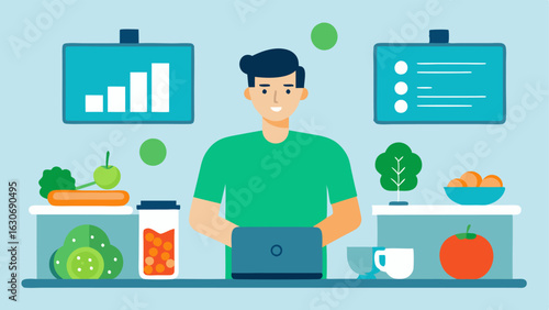 Biohackers Kitchen An open kitchen with a biohacker preparing a meal surrounded by fresh vegetables lean proteins and supplements with a monitor displaying glucose data in the