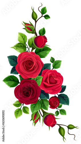 Red roses bouquet. Floral design element with red rose flowers and green leaves isolated on a white background. Vector illustration