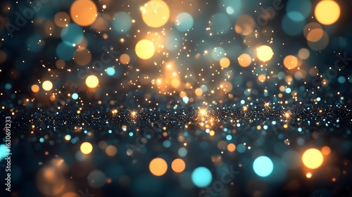 Abstract background of glittering lights in teal and orange tones.