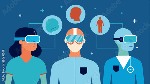 Augmented Reality Training Medical professionals using augmented reality glasses in a simulated setting overlaying anatomical visuals on training dummies for enhanced learning.