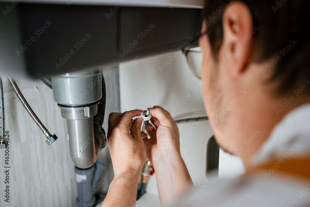 Obraz premium Professional plumber carefully connecting water pipe to the mixer, performing plumbing work under the sink, ensuring proper water flow and functionality in the kitchen or bathroom