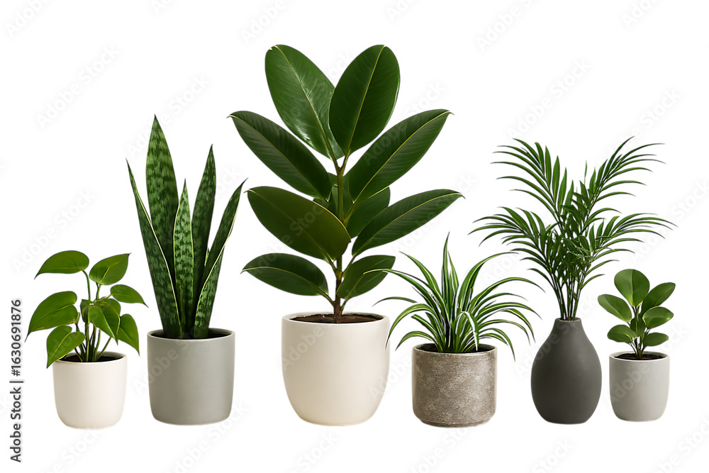 Obraz premium Collection of various potted houseplants isolated on transparent background
