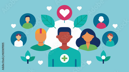 Community Support A group of diverse individuals engaging in social activities surrounded by symbols of health hearts leaves highlighting the importance of social wellness in