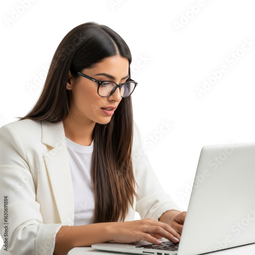Woman working on laptop with glasses isolated on transparent background