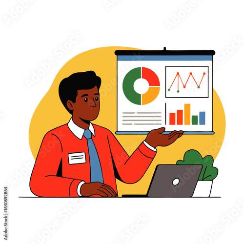 Business professional presenting analytical financial charts and data visuals during a modern corporate strategy